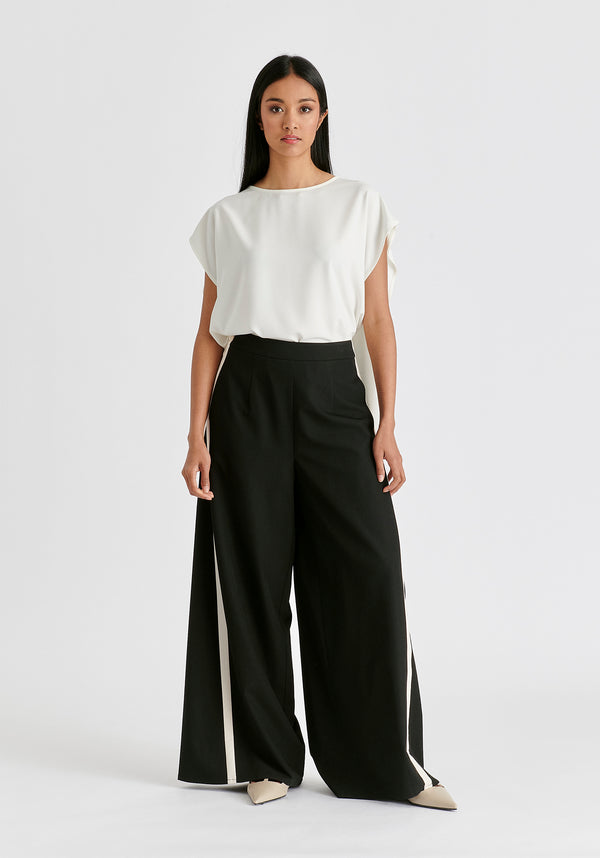 Contrast Trim Wide Leg Trousers in Black and Beige Front